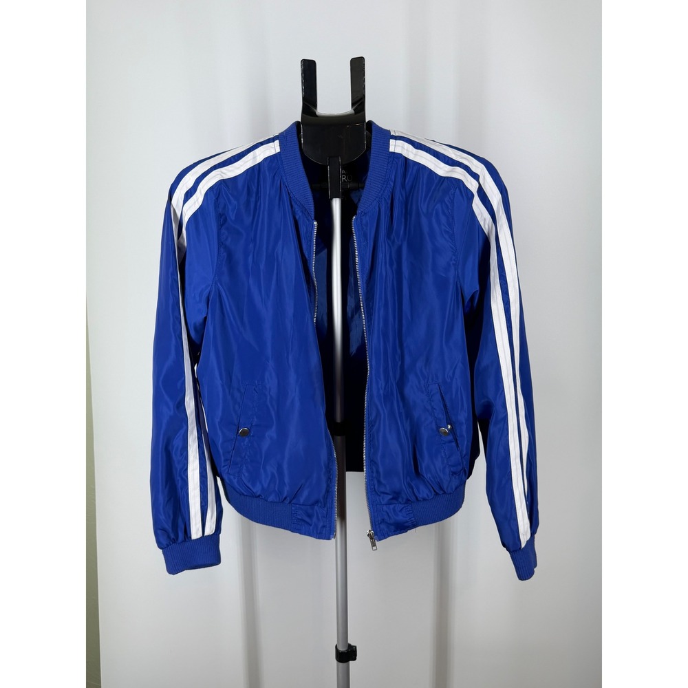 Urban Retro Blue Bomber Jacket White Sleeve Stripes‎ Full Zip Windbreaker Large